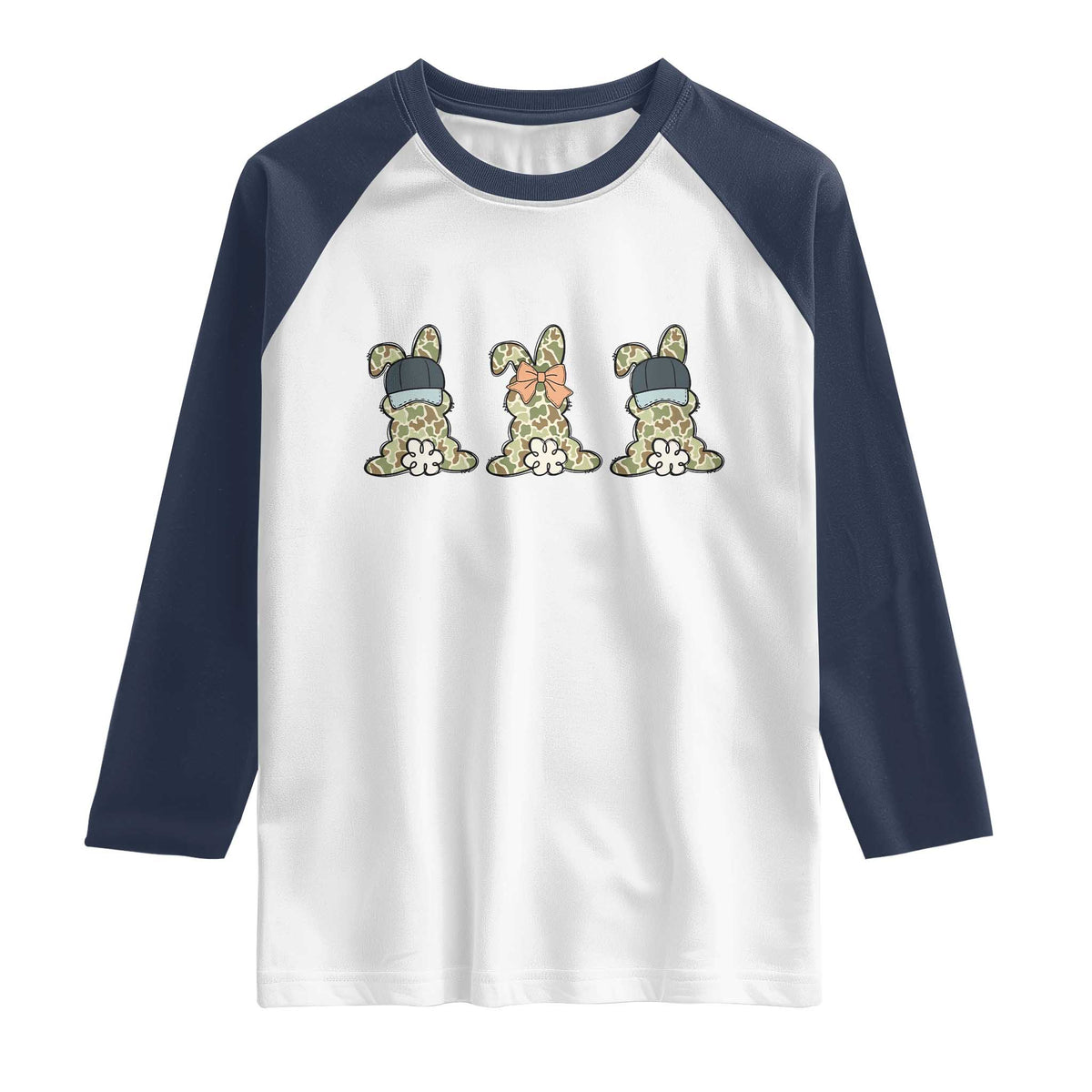 Camo Easter Bunny Raglan Shirt Funny Hunter Easter Gift TS12 White Navy Print Your Wear