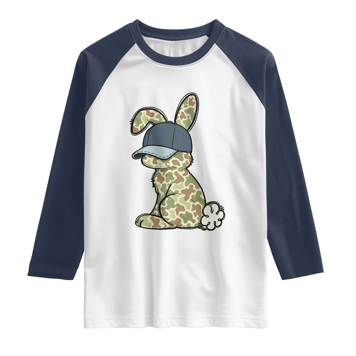 Camouflage Bunny Raglan Shirt Funny Hunter Easter Gift TS12 White Navy Print Your Wear