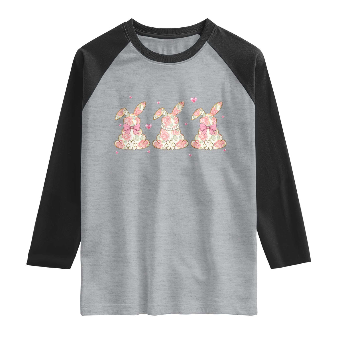 Floral Bunny Easter Raglan Shirt Shabby Chic Rose Pattern TS12 Heather Gray Black Print Your Wear