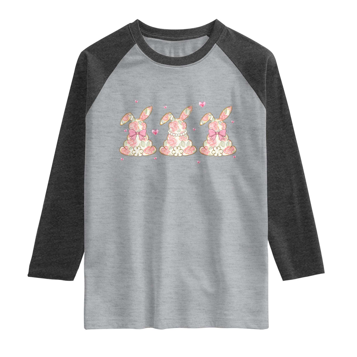 Floral Bunny Easter Raglan Shirt Shabby Chic Rose Pattern TS12 Heather Gray Heather Charcoal Print Your Wear