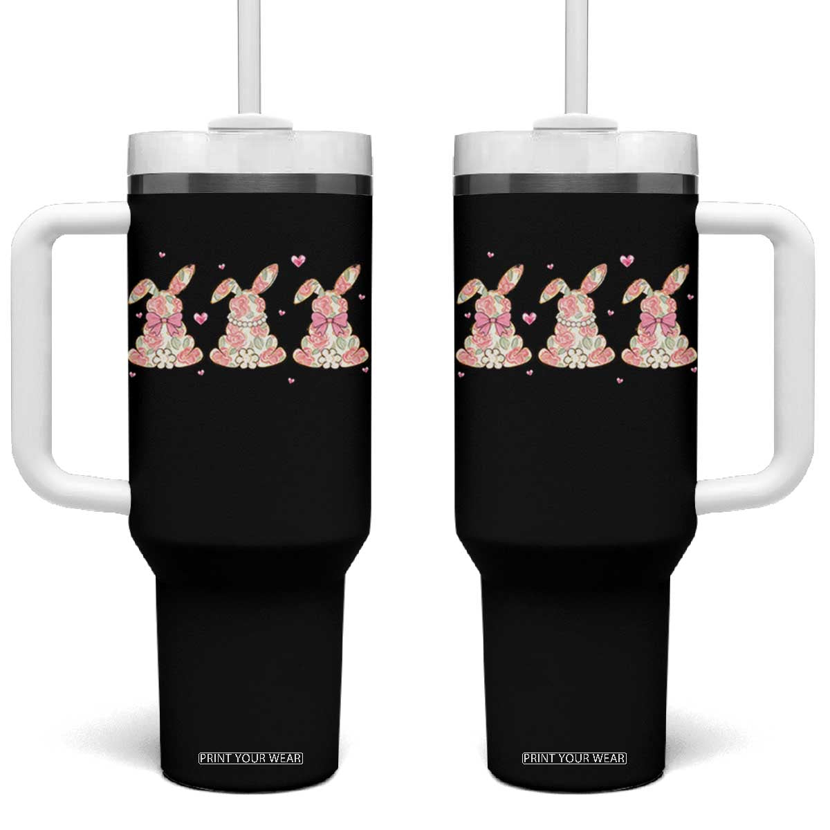 Floral Bunny Easter Tumbler With Handle Shabby Chic Rose Pattern TS12 One Size: 40 oz Black Print Your Wear