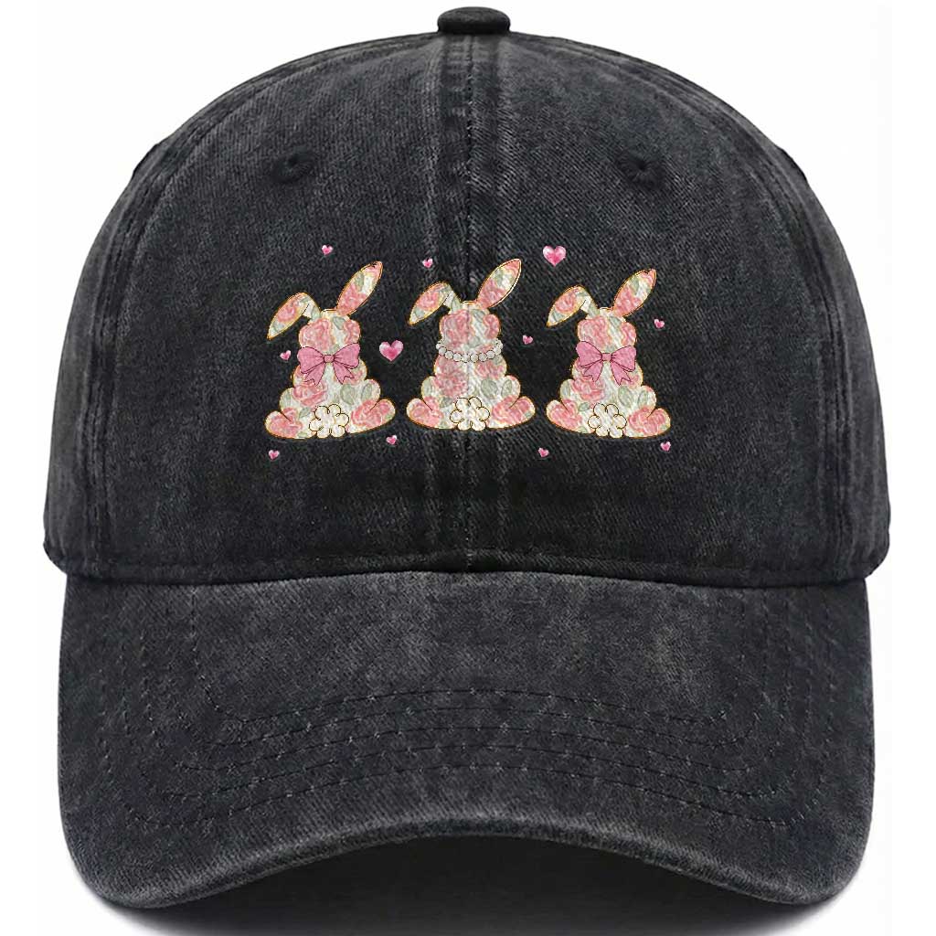 Floral Bunny Easter Washed Cotton Baseball Cap Shabby Chic Rose Pattern TS12 Washed Cap Universal Fit Black Print Your Wear