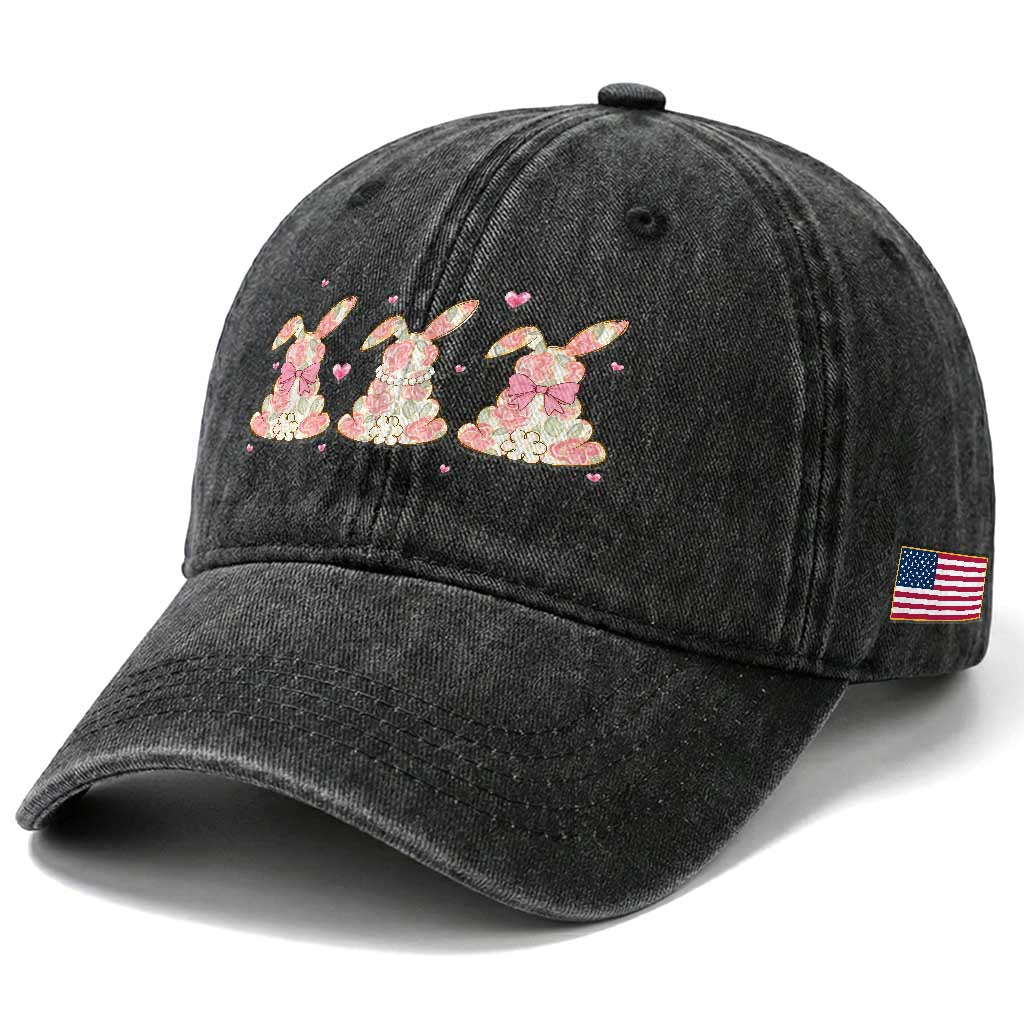 Floral Bunny Easter Washed Cotton Baseball Cap Shabby Chic Rose Pattern TS12 Print Your Wear