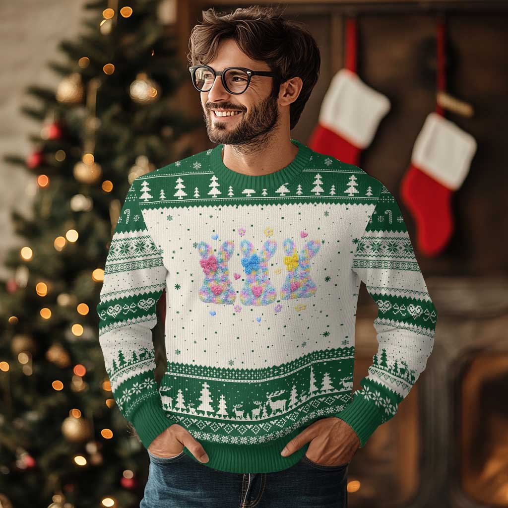 Faux Yarn Easter Bunny Effect Printed Ugly Christmas Sweater Coquette Aesthetic Gift TS12 Beige Green Print Your Wear