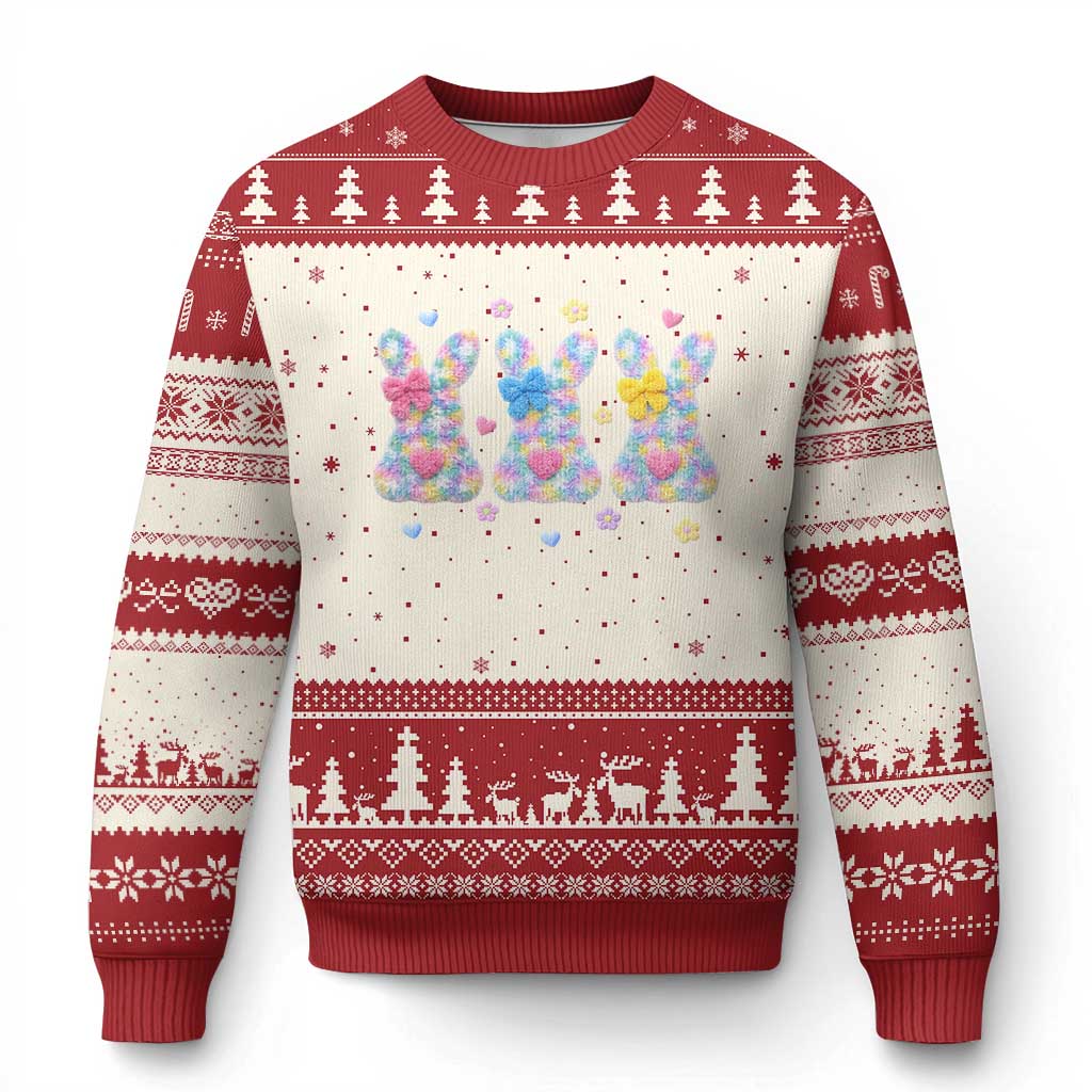 Faux Yarn Easter Bunny Effect Printed Ugly Christmas Sweater Coquette Aesthetic Gift TS12 Beige Red Print Your Wear