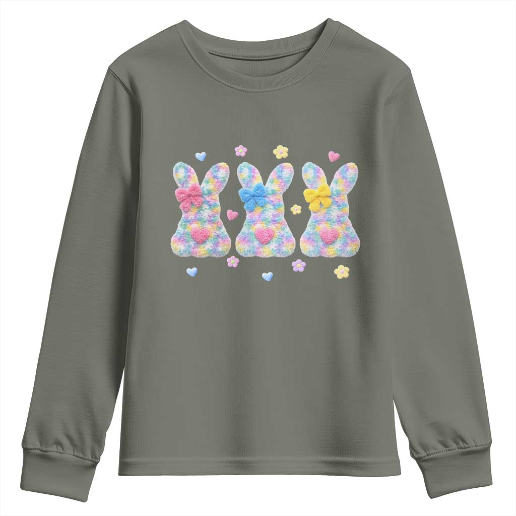 Faux Yarn Easter Bunny Effect Printed Youth Sweatshirt Coquette Aesthetic Gift TS12 Military Green Print Your Wear