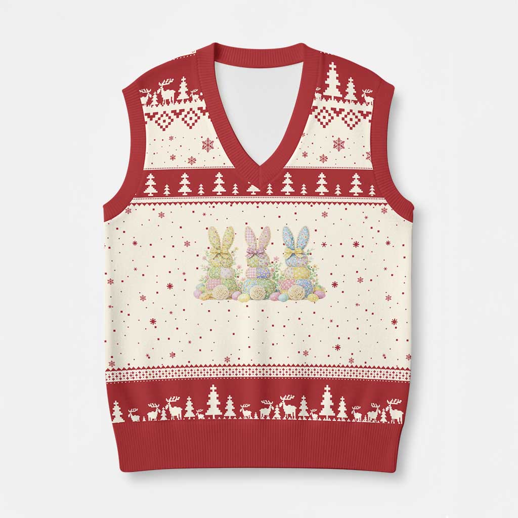 Faux Patchwork Easter Bunny Effect Printed V-Neck Knit Sweater Vest Cottagecore Bunny Gift For Women TS12 Beige Red Print Your Wear
