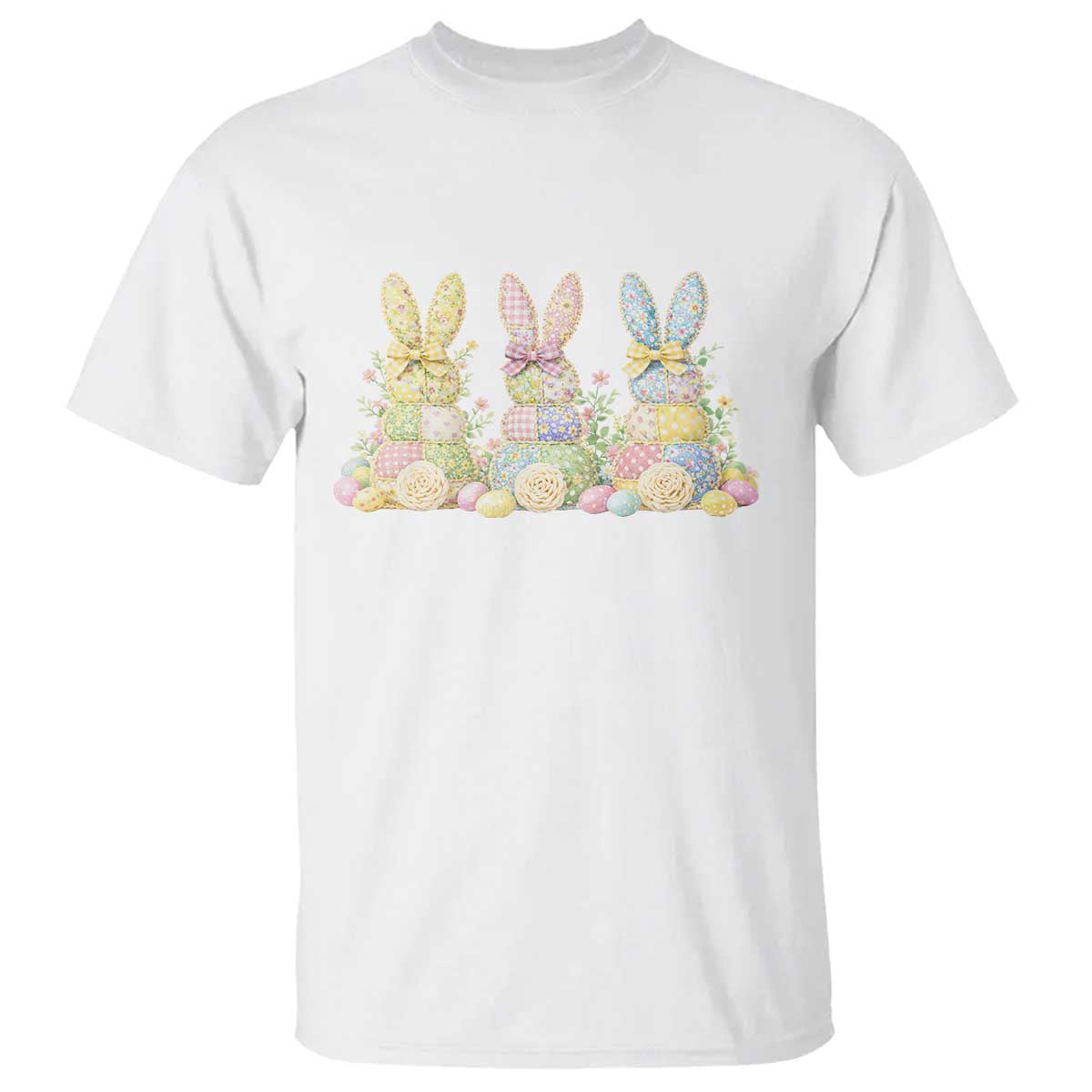 Faux Patchwork Easter Bunny Effect Printed T Shirt Cottagecore Bunny Gift For Women TS12 White Print Your Wear