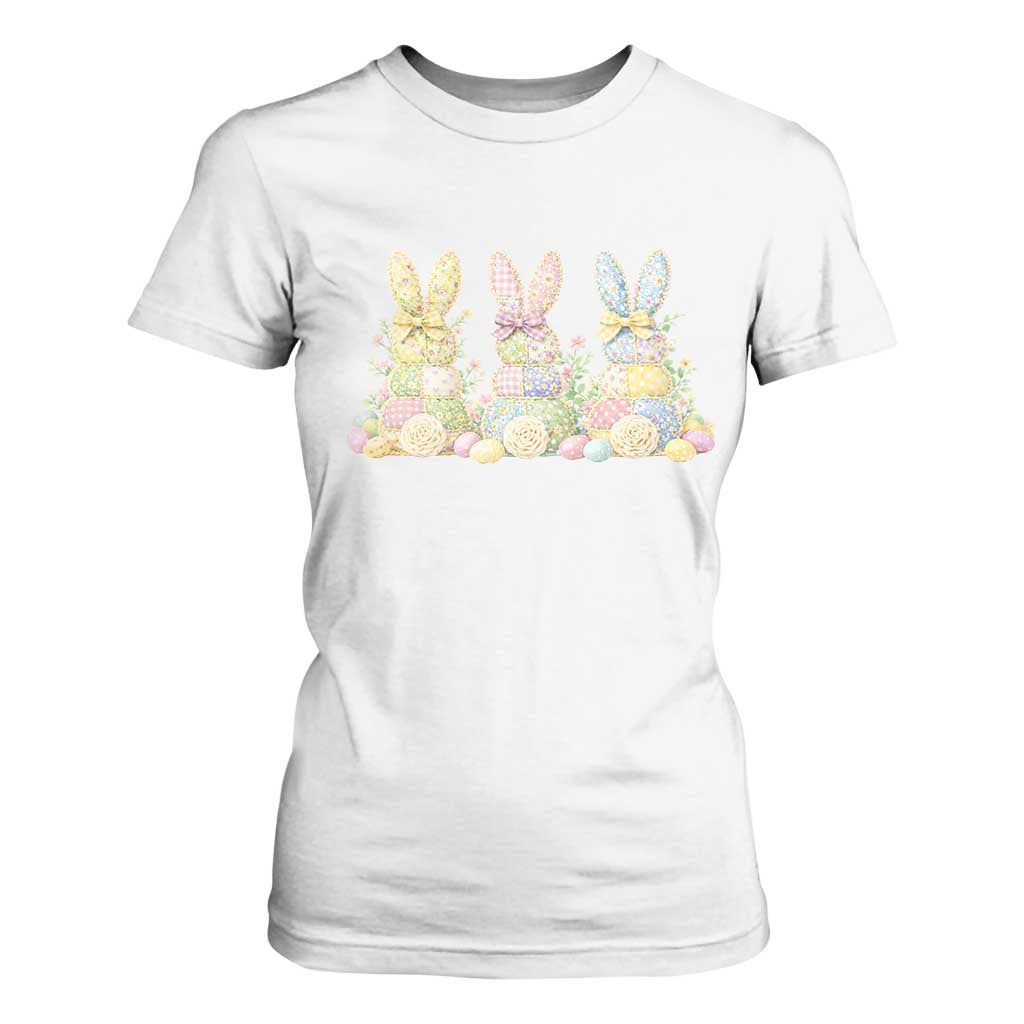 Faux Patchwork Easter Bunny Effect Printed T Shirt For Women Cottagecore Bunny Gift For Women TS12 White Print Your Wear