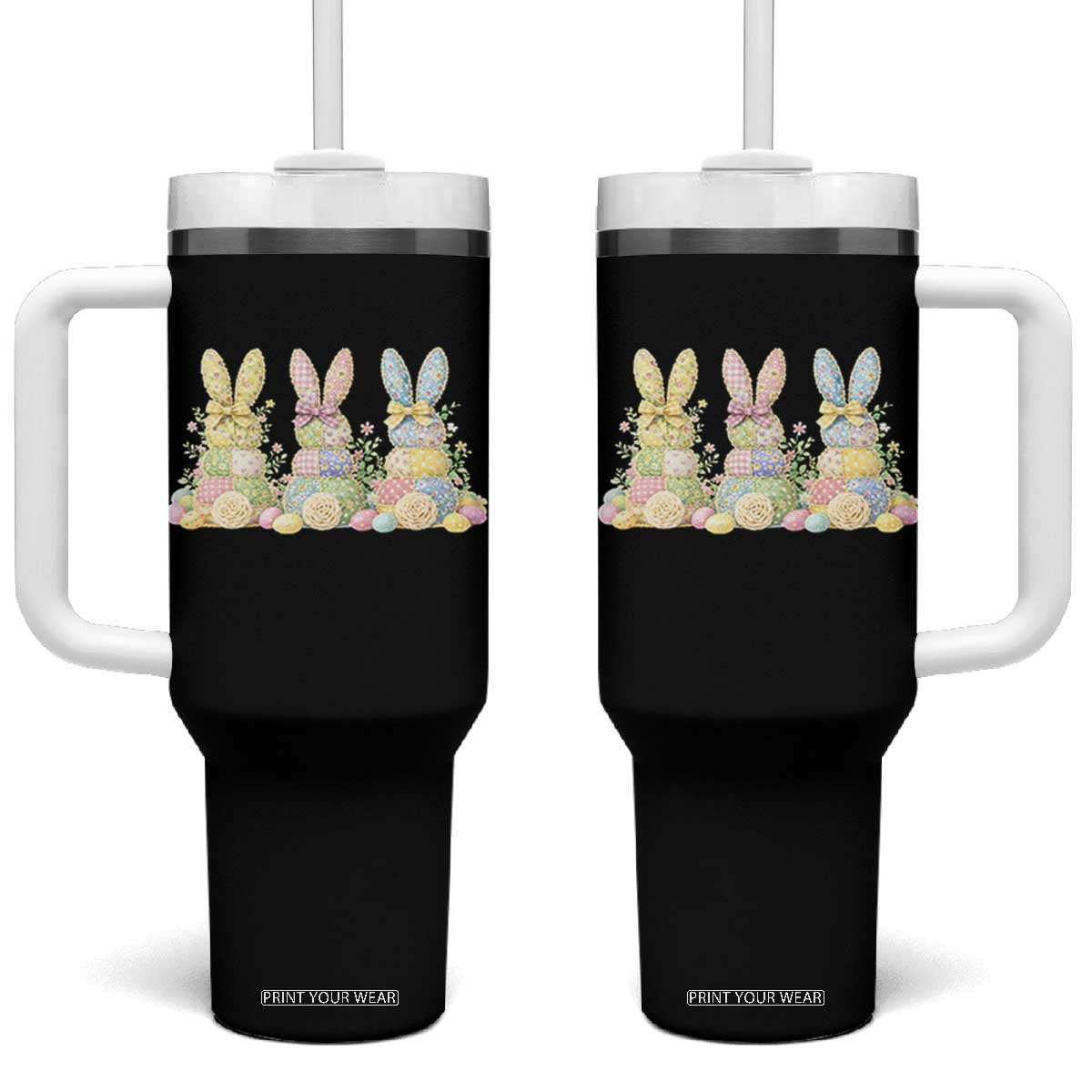 Faux Patchwork Easter Bunny Effect Printed Tumbler With Handle Cottagecore Bunny Gift For Women TS12 One Size: 40 oz Black Print Your Wear