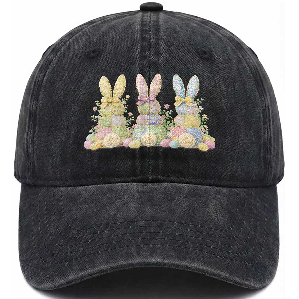 Faux Patchwork Easter Bunny Effect Printed Washed Cotton Baseball Cap Cottagecore Bunny Gift For Women TS12 Washed Cap Universal Fit Black Print Your Wear