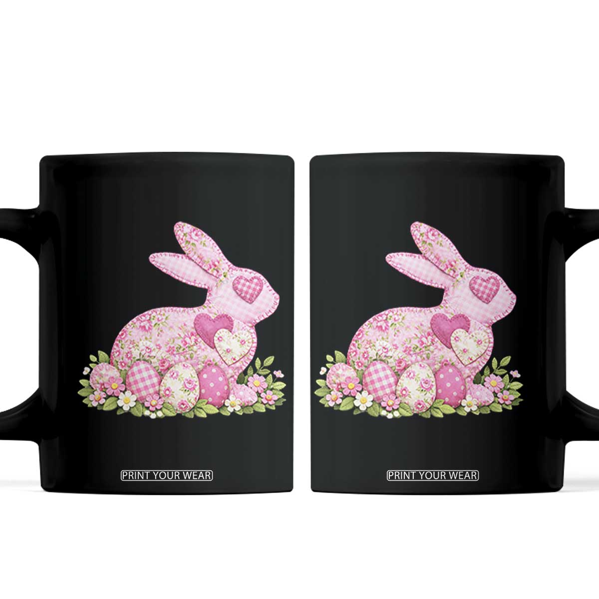 Faux Patchwork Easter Bunny Effect Printed Coffee Mug Vintage Cottagecore Floral Bunny Gift TS12 Black Print Your Wear