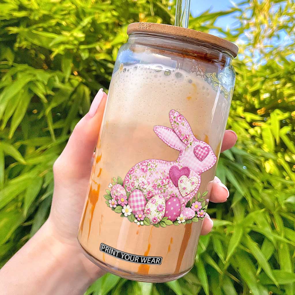 Faux Patchwork Easter Bunny Effect Printed Glass Can Vintage Cottagecore Floral Bunny Gift TS12 Black Print Your Wear