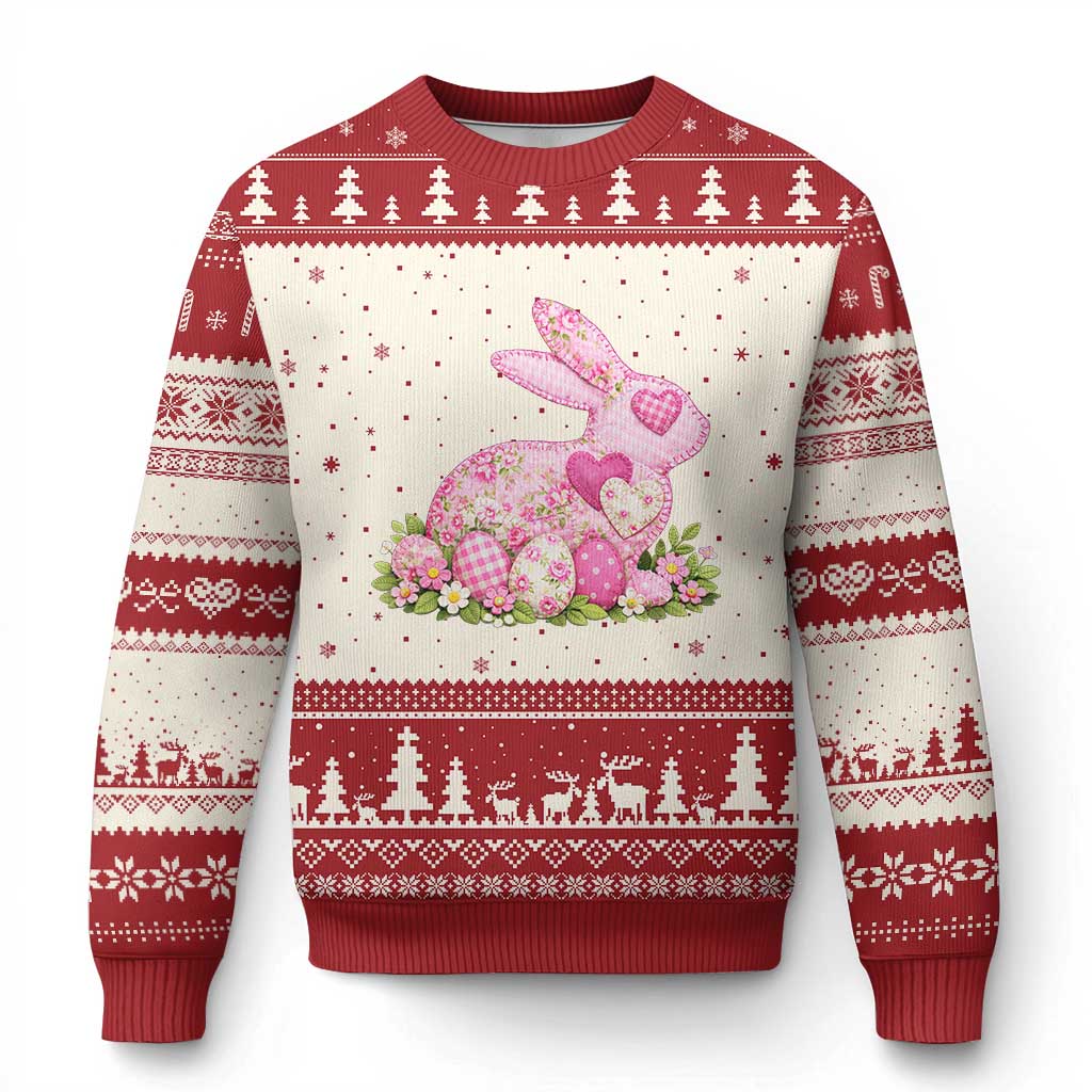 Faux Patchwork Easter Bunny Effect Printed Ugly Christmas Sweater Vintage Cottagecore Floral Bunny Gift TS12 Beige Red Print Your Wear