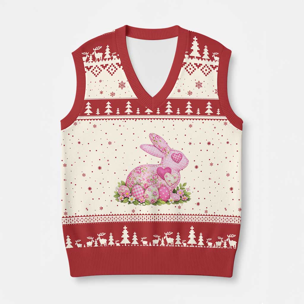 Faux Patchwork Easter Bunny Effect Printed V-Neck Knit Sweater Vest Vintage Cottagecore Floral Bunny Gift TS12 Beige Red Print Your Wear