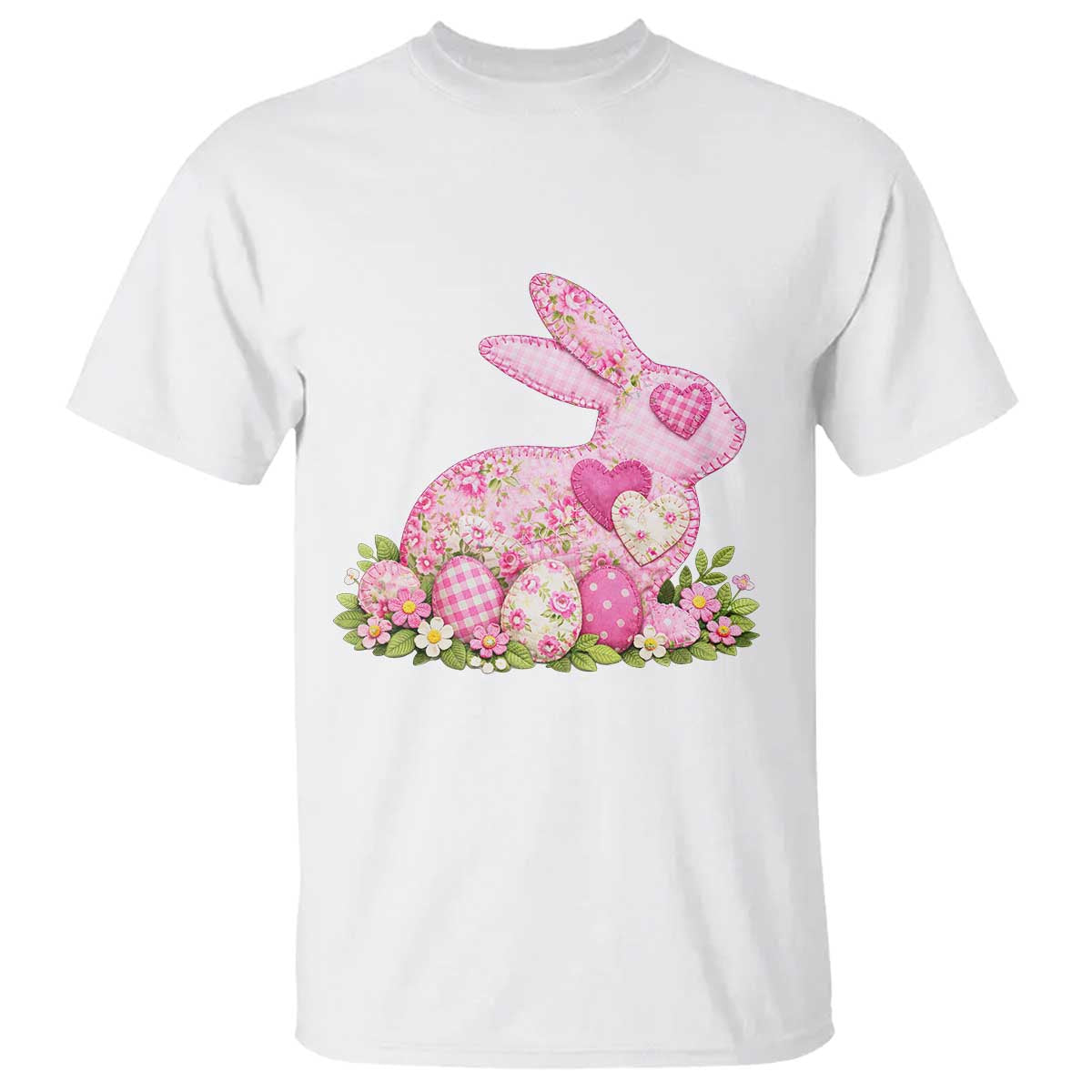 Faux Patchwork Easter Bunny Effect Printed T Shirt Vintage Cottagecore Floral Bunny Gift TS12 White Print Your Wear