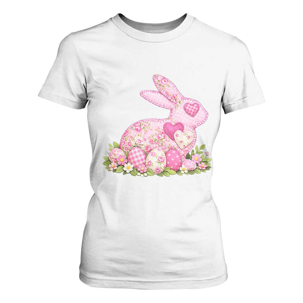 Faux Patchwork Easter Bunny Effect Printed T Shirt For Women Vintage Cottagecore Floral Bunny Gift TS12 White Print Your Wear