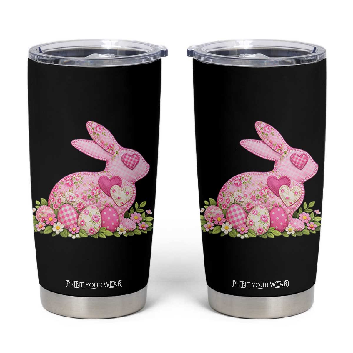 Faux Patchwork Easter Bunny Effect Printed Tumbler Cup Vintage Cottagecore Floral Bunny Gift TS12 Black Print Your Wear
