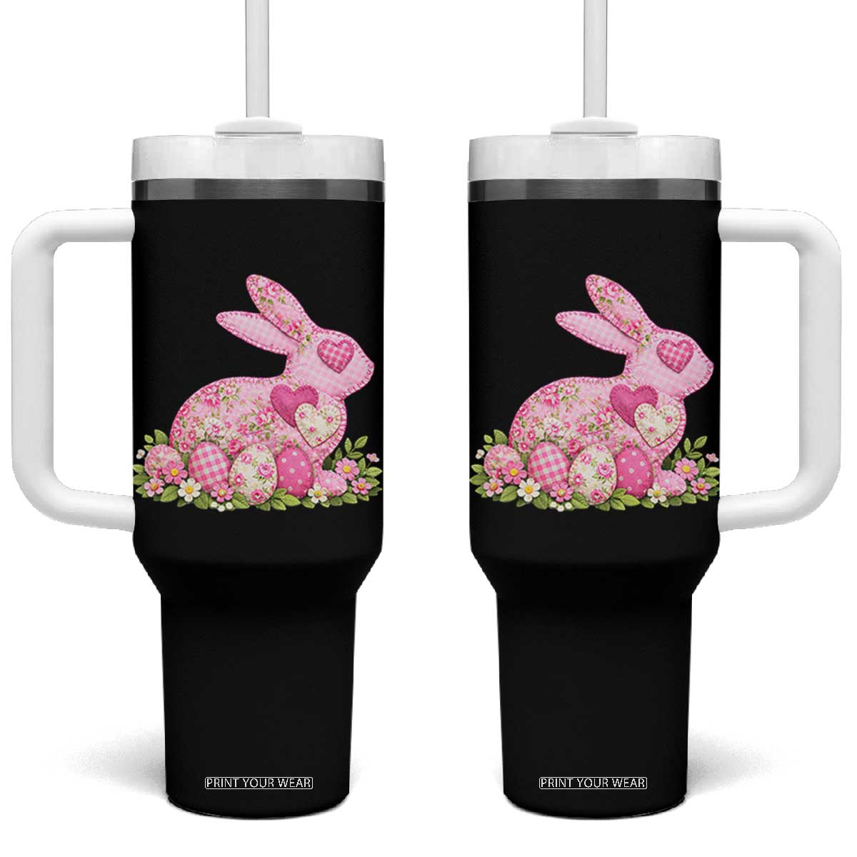 Faux Patchwork Easter Bunny Effect Printed Tumbler With Handle Vintage Cottagecore Floral Bunny Gift TS12 One Size: 40 oz Black Print Your Wear
