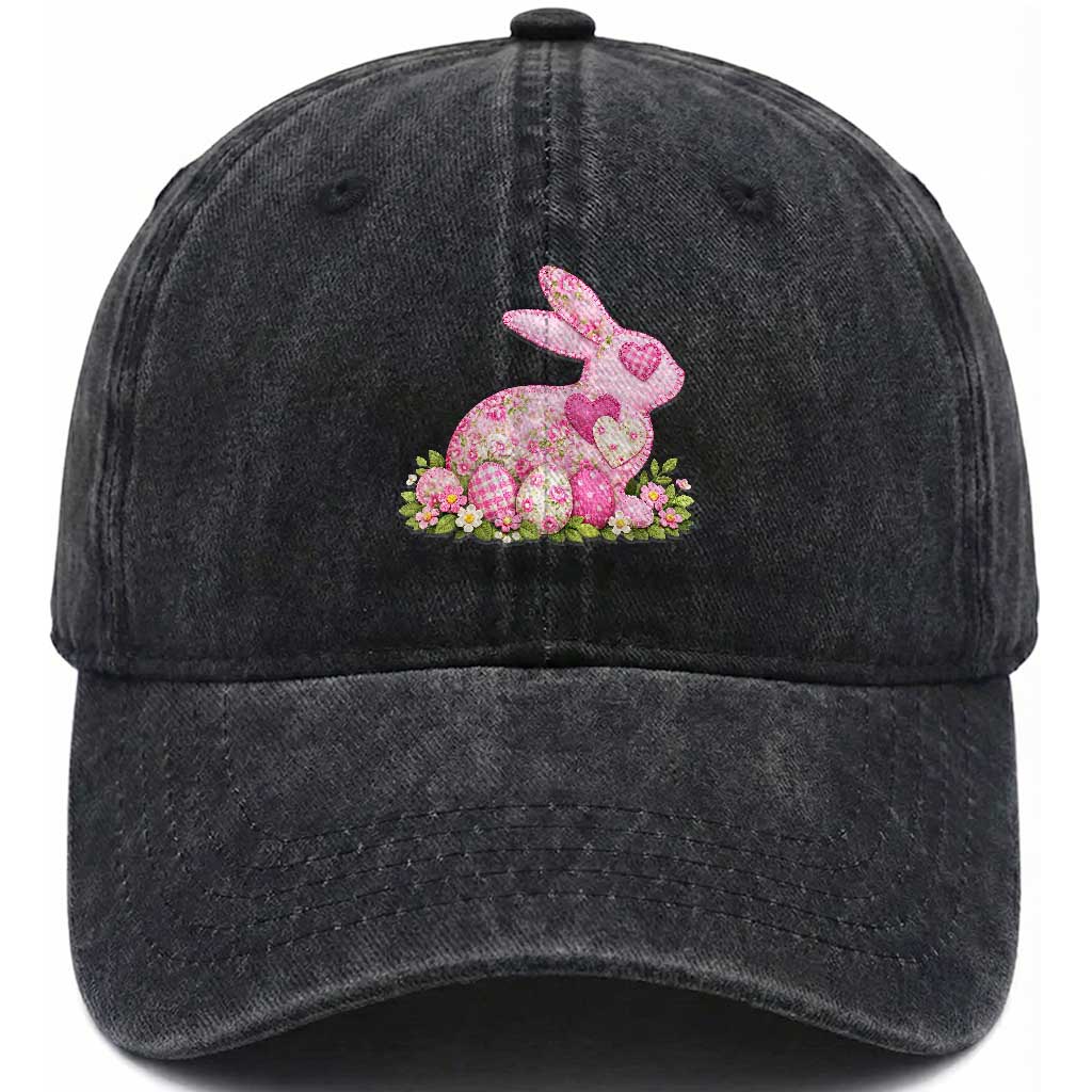 Faux Patchwork Easter Bunny Effect Printed Washed Cotton Baseball Cap Vintage Cottagecore Floral Bunny Gift TS12 Washed Cap Universal Fit Black Print Your Wear