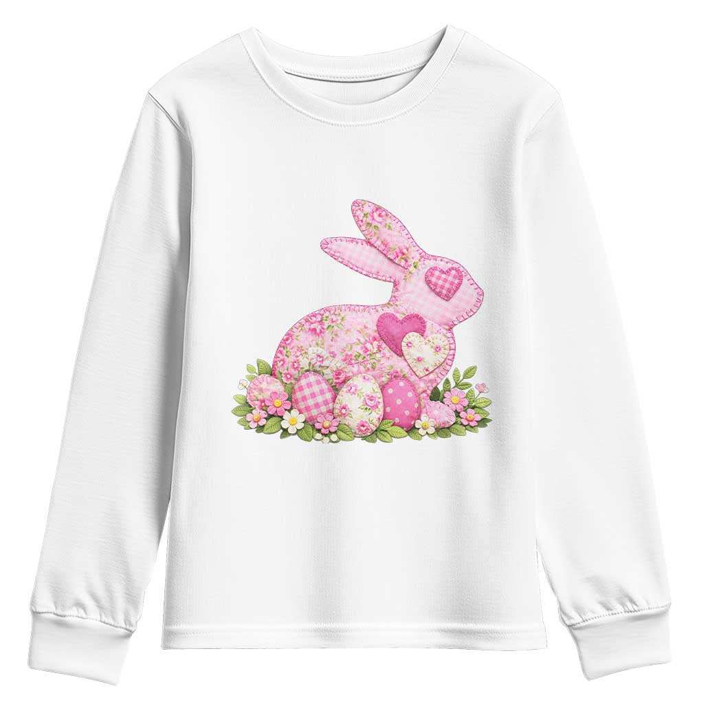 Faux Patchwork Easter Bunny Effect Printed Youth Sweatshirt Vintage Cottagecore Floral Bunny Gift TS12 White Print Your Wear