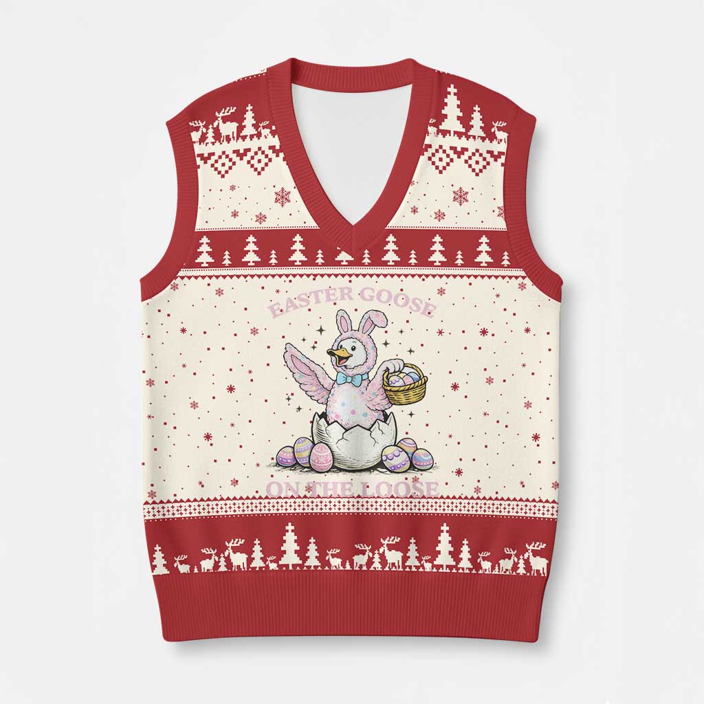 Easter Goose On The Loose V-Neck Knit Sweater Vest Funny Easter Egg Hunt Gift TS12 Beige Red Print Your Wear