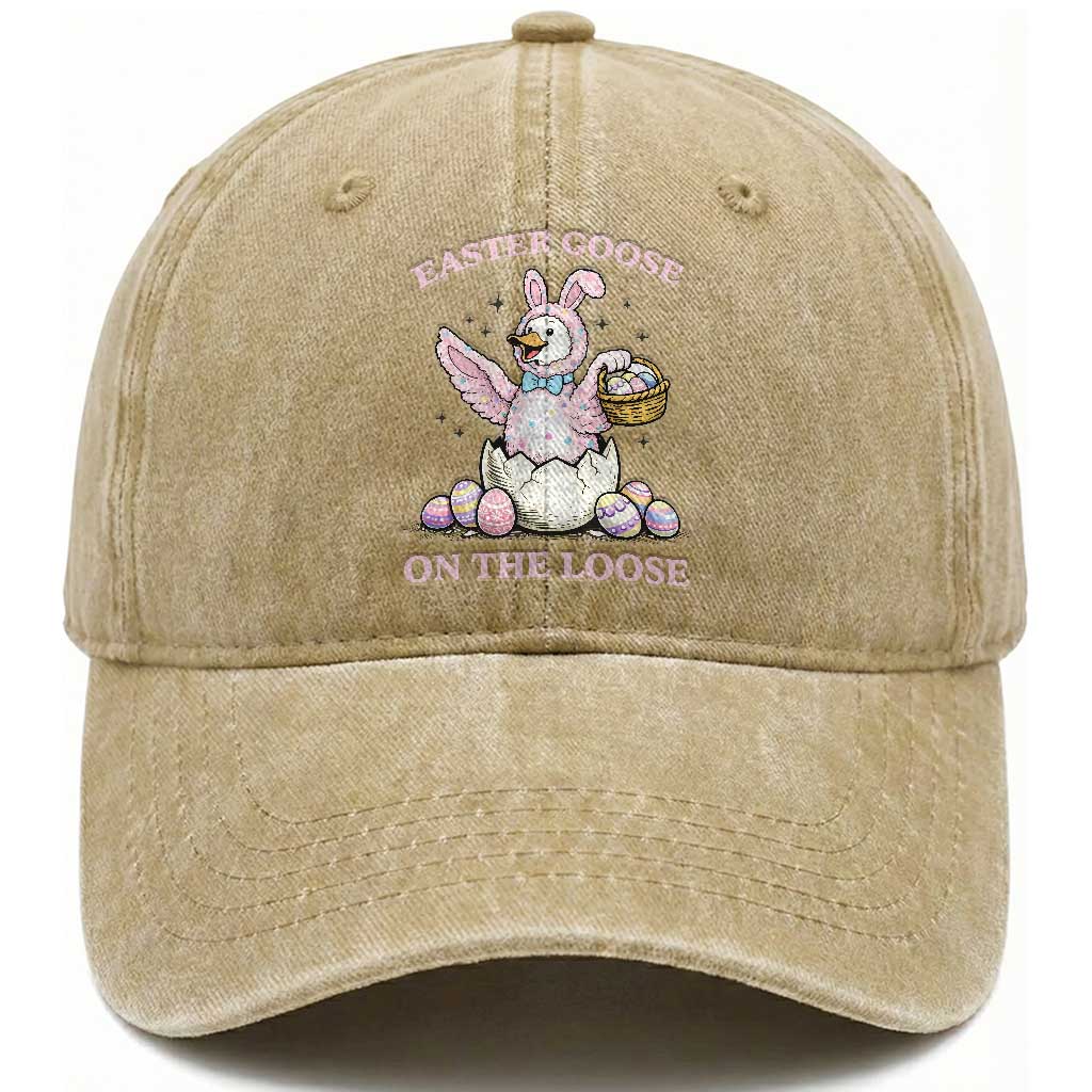 Easter Goose On The Loose Washed Cotton Baseball Cap Funny Easter Egg Hunt Gift TS12 Washed Cap Universal Fit Khaki Print Your Wear
