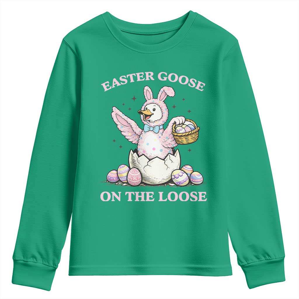 Easter Goose On The Loose Youth Sweatshirt Funny Easter Egg Hunt Gift TS12 Irish Green Print Your Wear