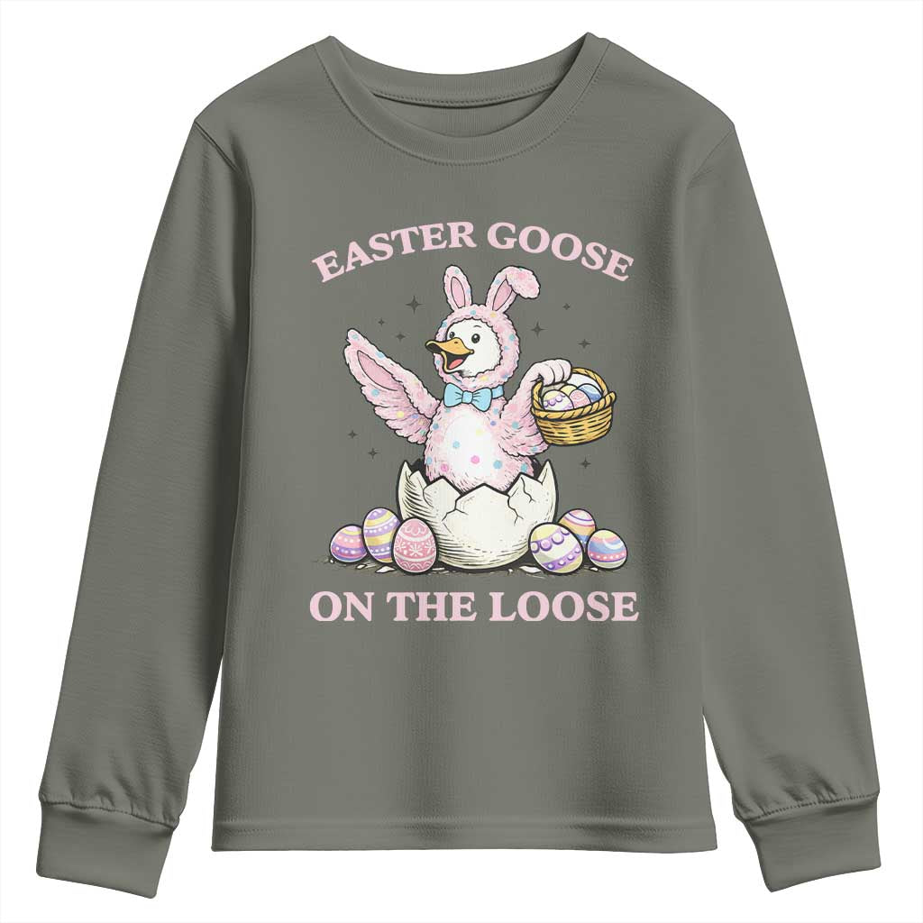 Easter Goose On The Loose Youth Sweatshirt Funny Easter Egg Hunt Gift TS12 Military Green Print Your Wear