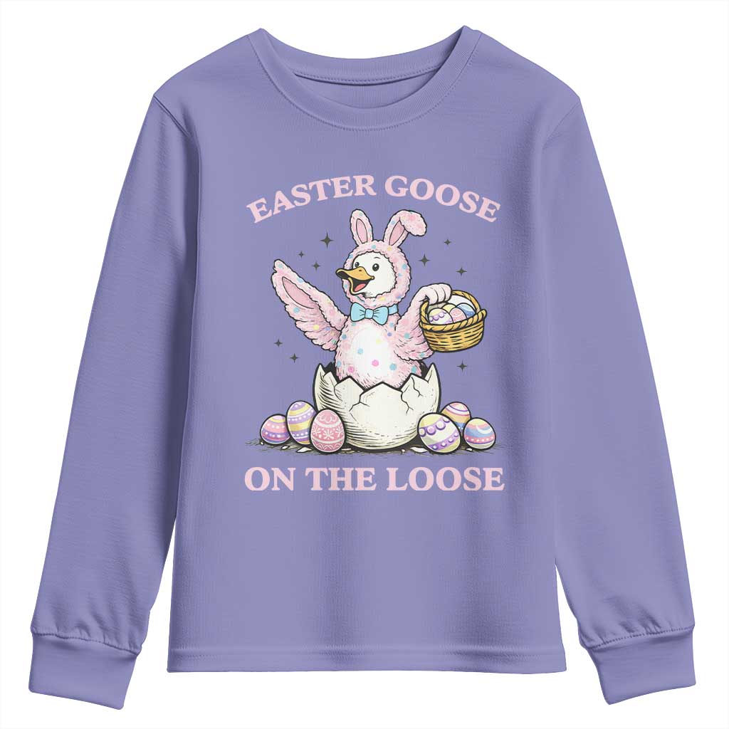 Easter Goose On The Loose Youth Sweatshirt Funny Easter Egg Hunt Gift TS12 Violet Print Your Wear
