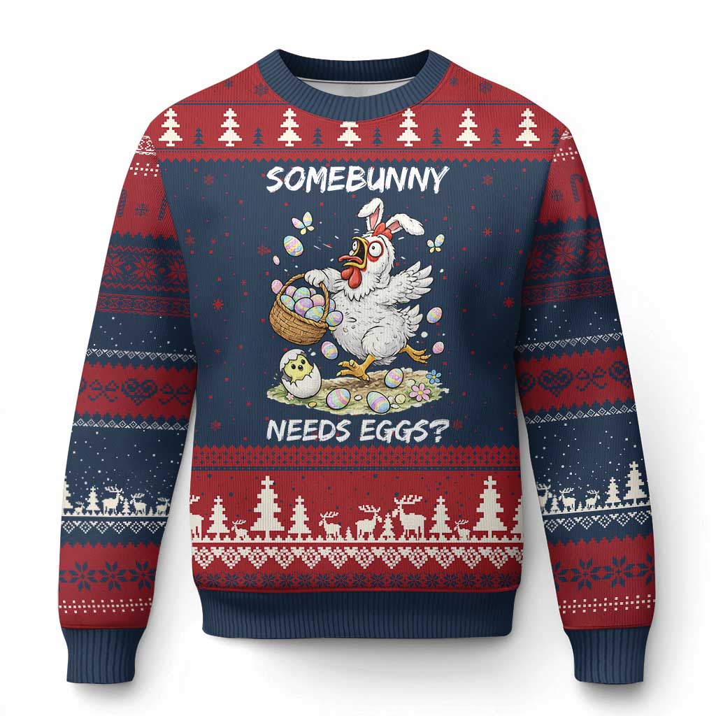 Funny Easter Chicken Bunny Ears Ugly Christmas Sweater Somebunny Needs Eggs TS12 Navy Red Print Your Wear