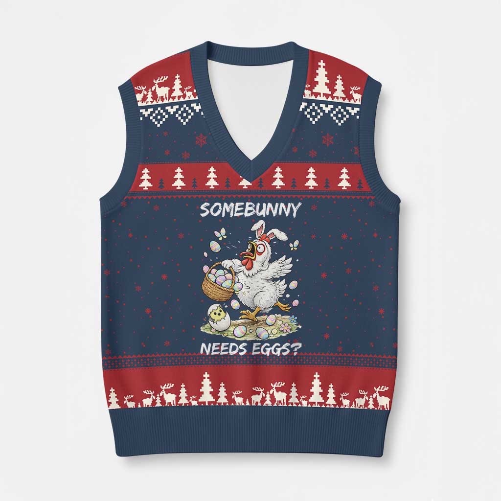 Funny Easter Chicken Bunny Ears V-Neck Knit Sweater Vest Somebunny Needs Eggs TS12 Navy Red Print Your Wear