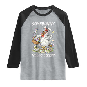 Funny Easter Chicken Bunny Ears Raglan Shirt Somebunny Needs Eggs TS12 Heather Gray Black Print Your Wear