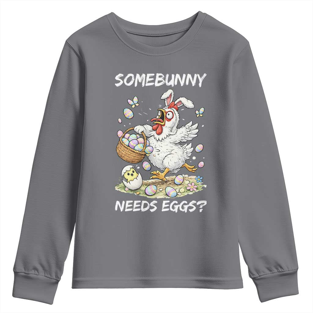 Funny Easter Chicken Bunny Ears Youth Sweatshirt Somebunny Needs Eggs TS12 Charcoal Print Your Wear