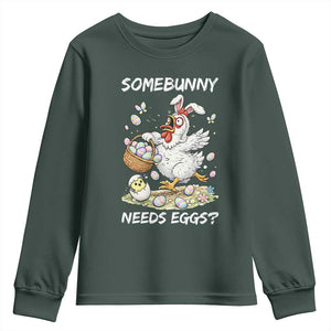 Funny Easter Chicken Bunny Ears Youth Sweatshirt Somebunny Needs Eggs TS12 Dark Forest Green Print Your Wear