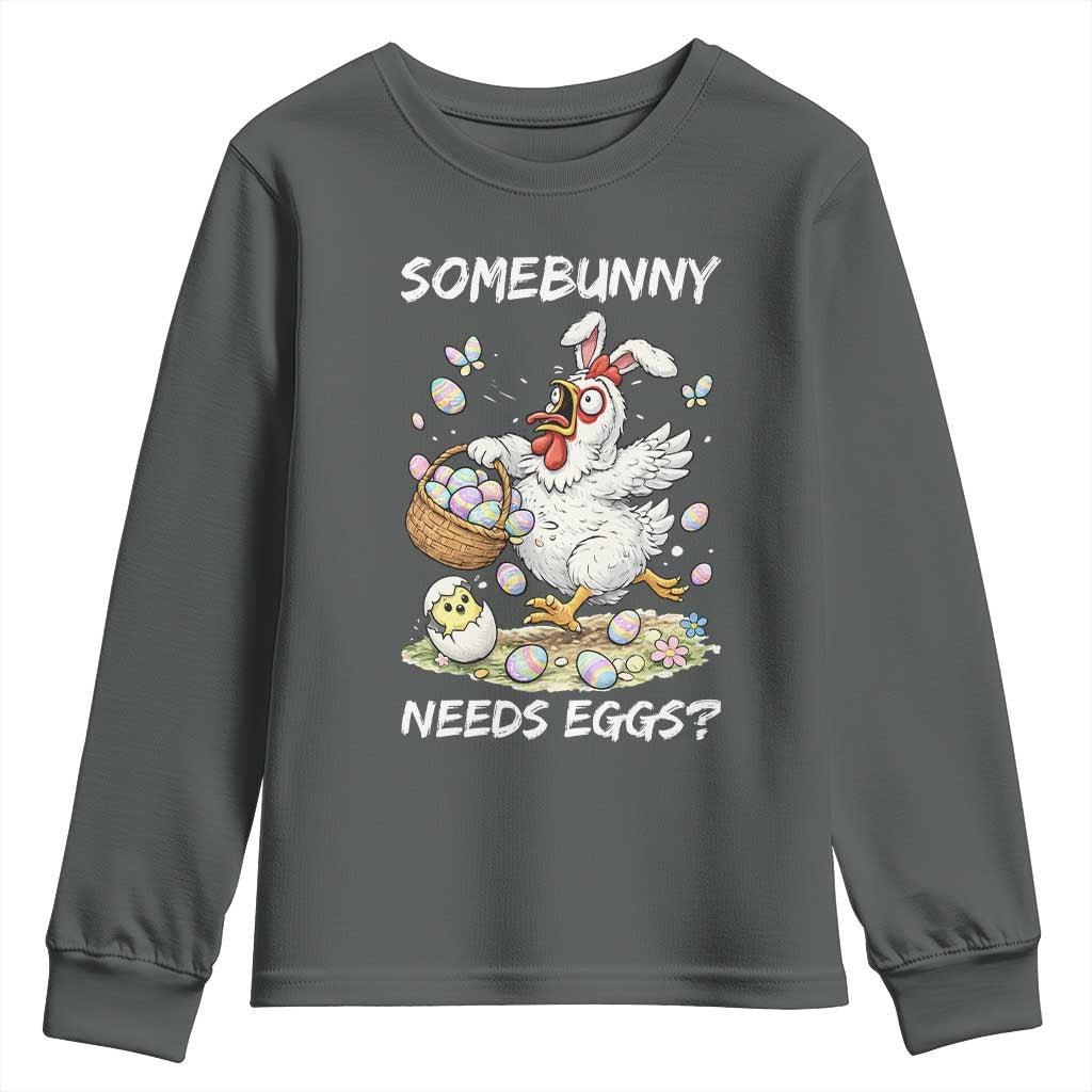 Funny Easter Chicken Bunny Ears Youth Sweatshirt Somebunny Needs Eggs TS12 Dark Heather Print Your Wear