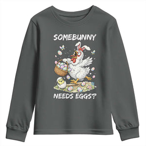 Funny Easter Chicken Bunny Ears Youth Sweatshirt Somebunny Needs Eggs TS12 Dark Heather Print Your Wear