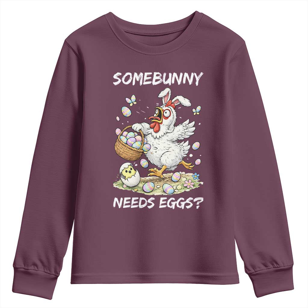 Funny Easter Chicken Bunny Ears Youth Sweatshirt Somebunny Needs Eggs TS12 Maroon Print Your Wear