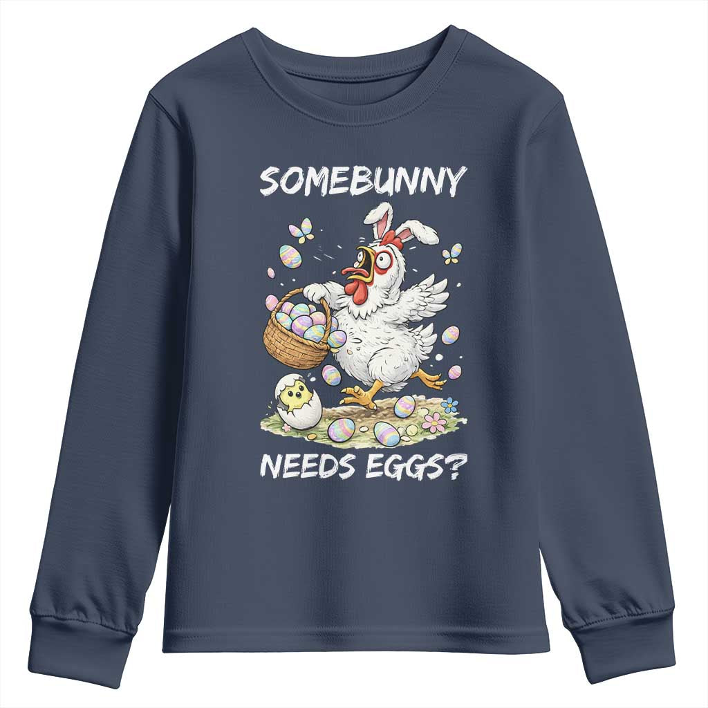 Funny Easter Chicken Bunny Ears Youth Sweatshirt Somebunny Needs Eggs TS12 Navy Print Your Wear