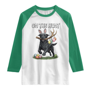 Funny Easter Hunting Dog Raglan Shirt Labrador Bunny Ears On The Hunt TS12 White Kelly Green Print Your Wear