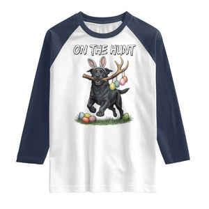 Funny Easter Hunting Dog Raglan Shirt Labrador Bunny Ears On The Hunt TS12 White Navy Print Your Wear