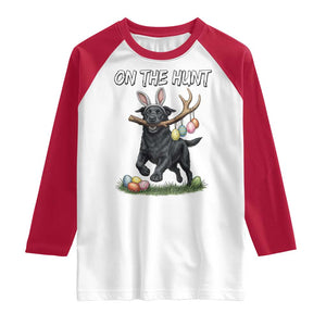 Funny Easter Hunting Dog Raglan Shirt Labrador Bunny Ears On The Hunt TS12 White Red Print Your Wear