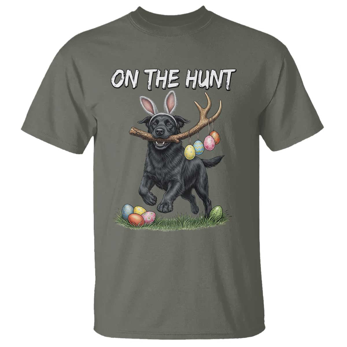 Funny Easter Hunting Dog T Shirt Labrador Bunny Ears On The Hunt TS12 Military Green Print Your Wear