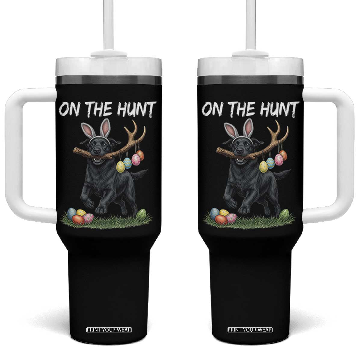 Funny Easter Hunting Dog Tumbler With Handle Labrador Bunny Ears On The Hunt TS12 One Size: 40 oz Black Print Your Wear