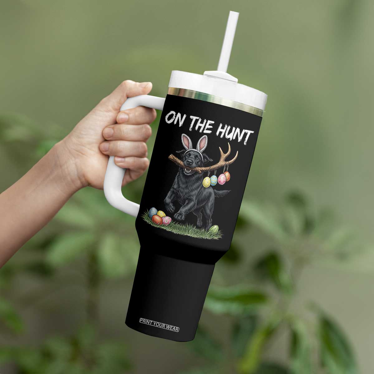 Funny Easter Hunting Dog Tumbler With Handle Labrador Bunny Ears On The Hunt TS12 Print Your Wear