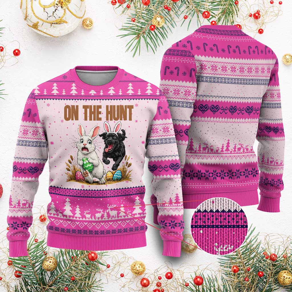 Funny Easter Labrador Bunny Ears Ugly Christmas Sweater On The Hunt TS12 Hot Pink Print Your Wear