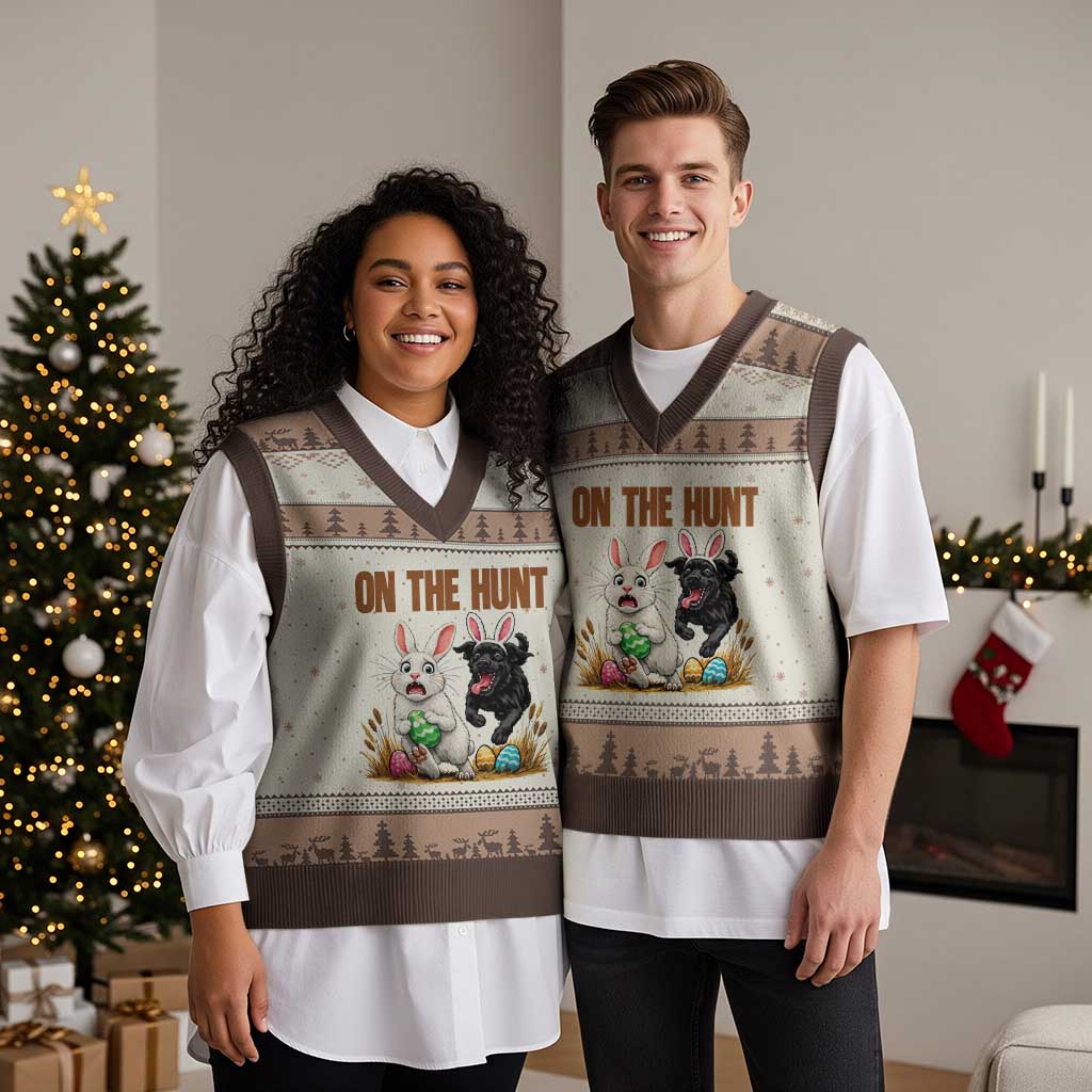 Funny Easter Labrador Bunny Ears V-Neck Knit Sweater Vest On The Hunt TS12 Mocha Mousse Print Your Wear