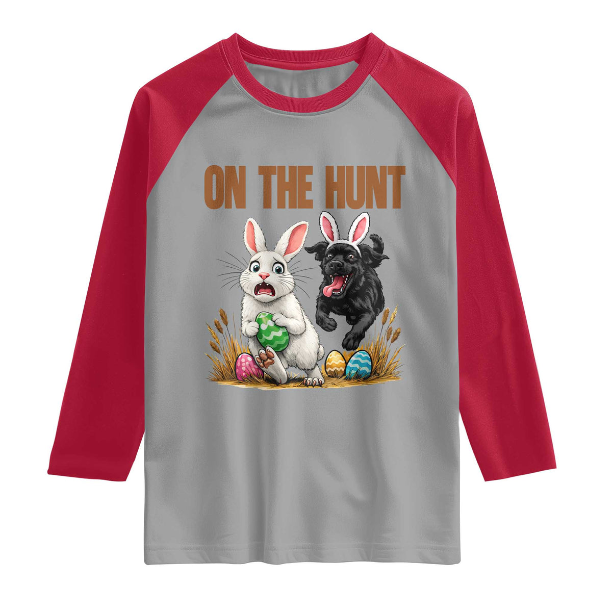 Funny Easter Labrador Bunny Ears Raglan Shirt On The Hunt TS12 Sport Gray Red Print Your Wear