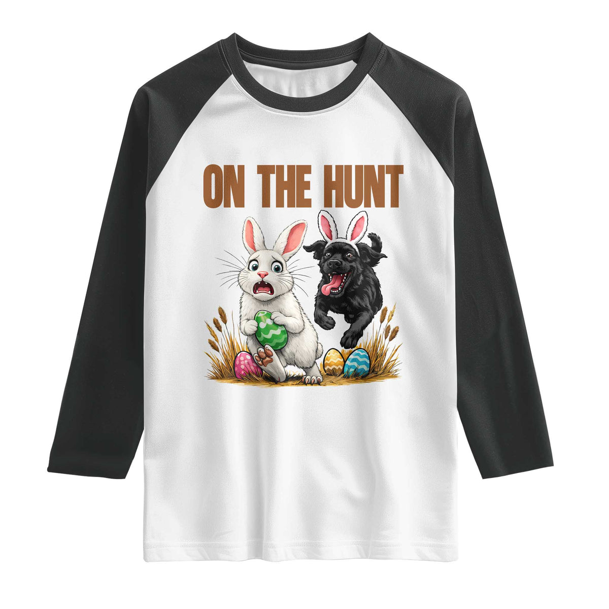 Funny Easter Labrador Bunny Ears Raglan Shirt On The Hunt TS12 White Black Print Your Wear
