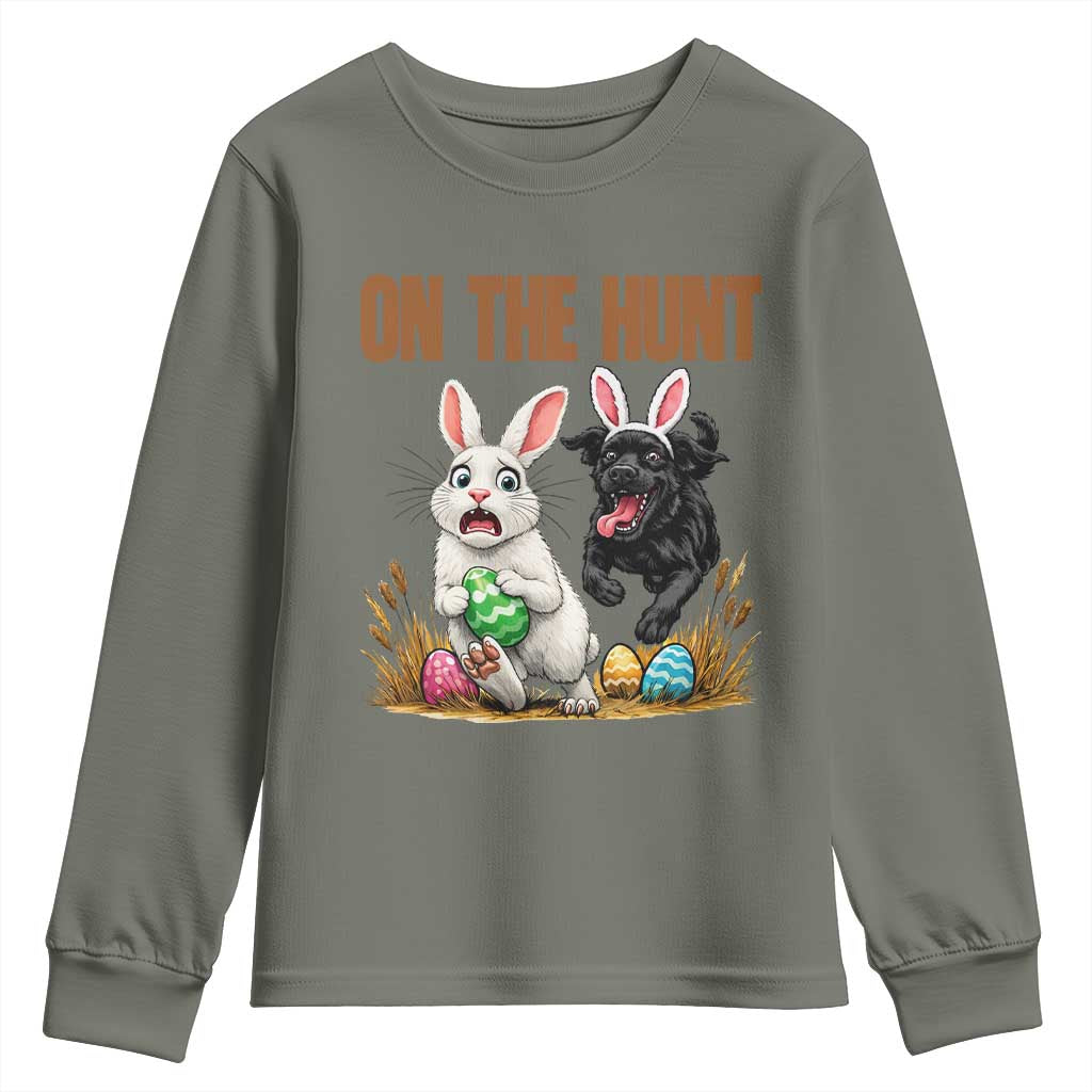 Funny Easter Labrador Bunny Ears Youth Sweatshirt On The Hunt TS12 Military Green Print Your Wear